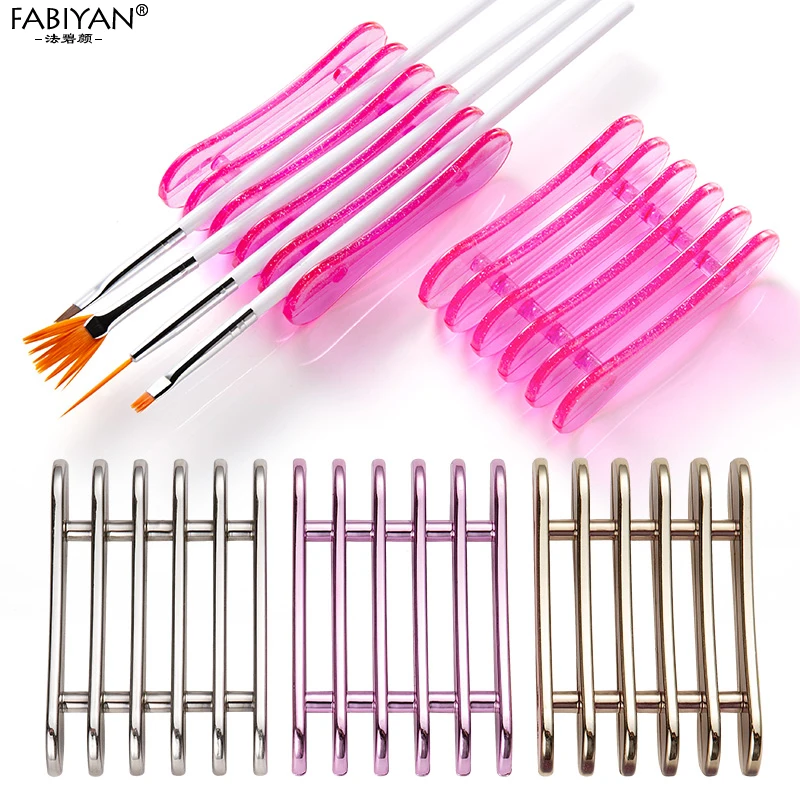 5 grids brush holder pen rest display stand plastic manicure tools nail art acrylic silver purple gold showing shelf free global shipping