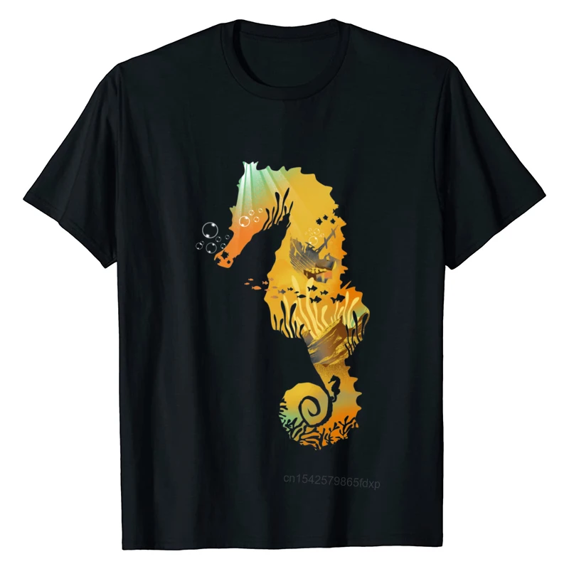 

O-Neck High Quality Tees For Unisex Golden Treasure Sea Horsehippocampus TShirt Hip Hop Casual Cute Men's T Shirt April Fool Day