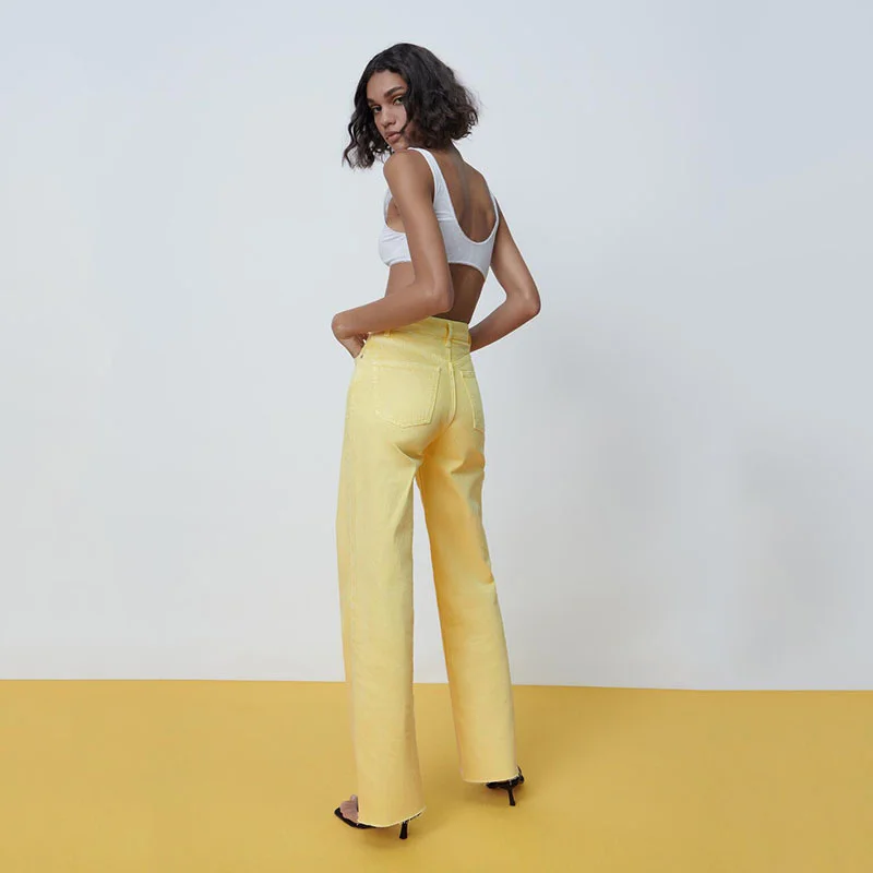 

2021 Women's Trendy Stretch Straight Jeans Washed Full Length High Waist Wide Leg Jeans Pocket Loose Casual Fashion Pants