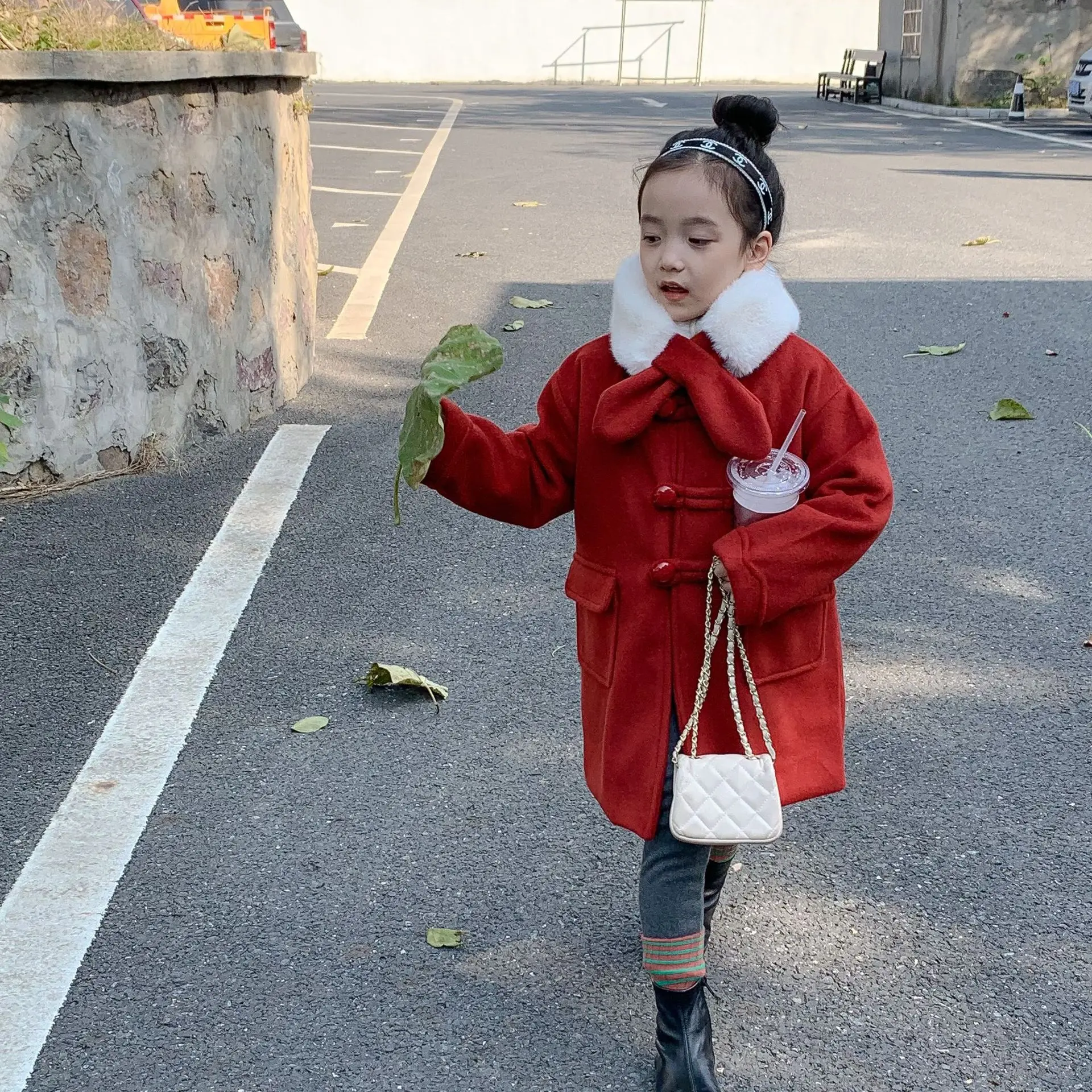 

MILA CHOU 2021 Winter Baby Girl Woolen Fur Collar Red Overcoat Children Warm Thick Quilted Sweet jacket Coat Outwear Kid Clothes