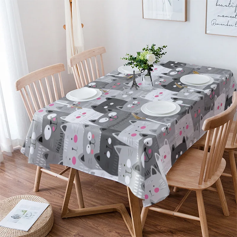 

Cartoon Grey Cat Kawaii Table Cloth Waterproof Dining Tablecloth for Table Kitchen Decorative Coffee Cuisine Party Table Cover