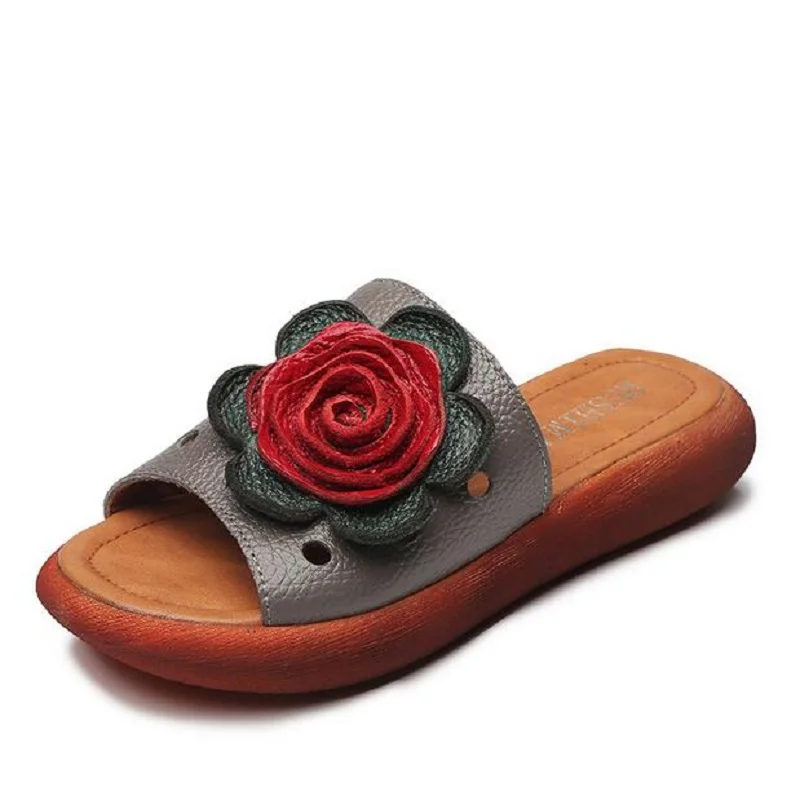 RUSHIMAN 2023 Woman Genuine Leather Shoes For Woman Slippers Slip-On Outdoor Slippers Women Shoes Flat with Sandals Floral
