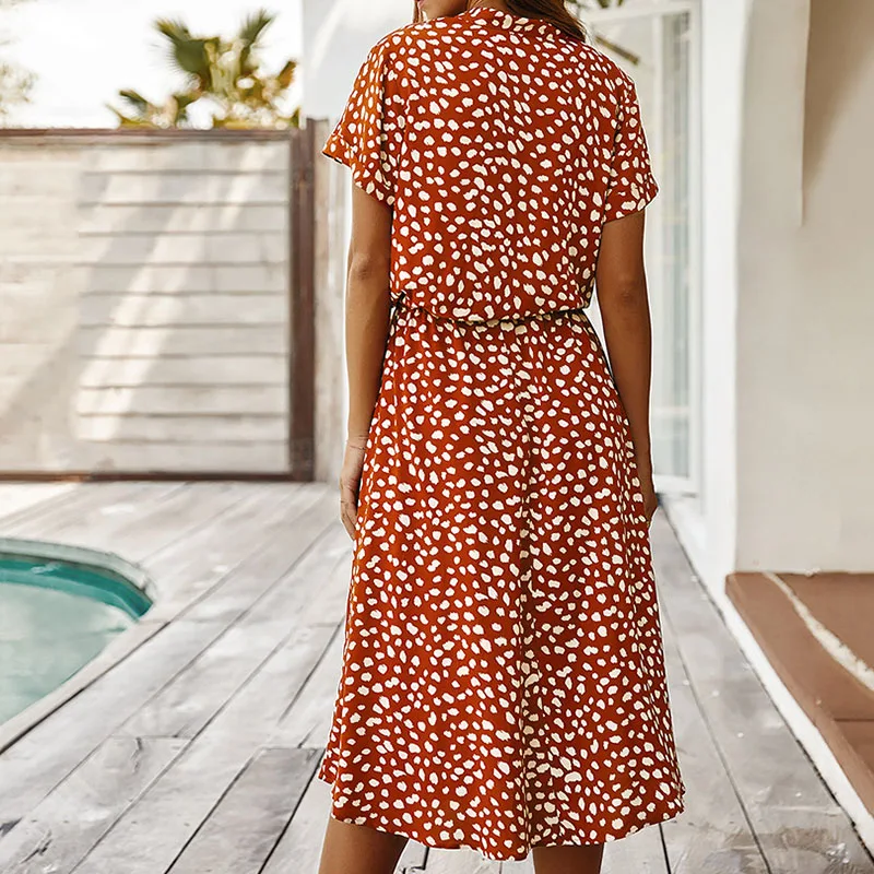 

Casual Women Polka Dot Print Dress Summer Short-sleeved Knee-length Loose Dresses Girls Elegant V-neck Beach Sundress Vestidos