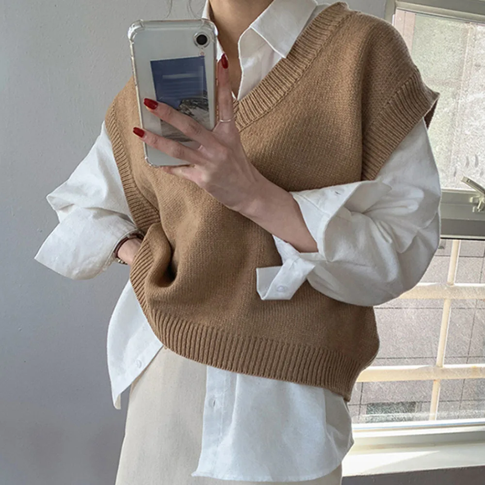 

Sweater Women Solid Color Soft Knitted Sweater V Neck Sweet Sweater Autumn Home Wear Pullover Loose Sleeveless Sweaters Women