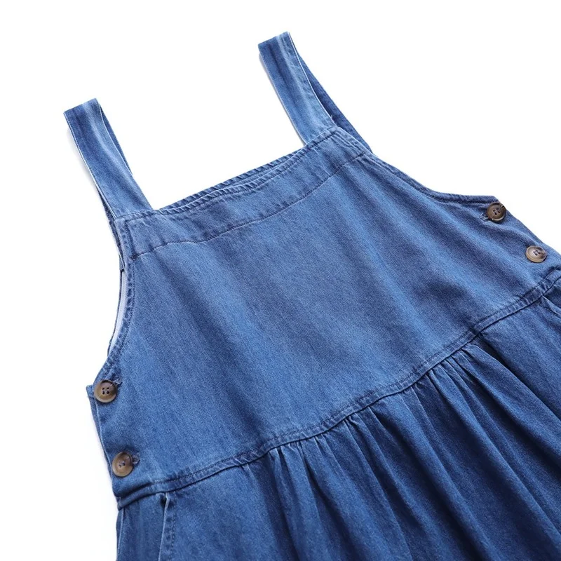 

Spring Summer Mid Length Dress Female Korean A Line Casual Denim Strap Solid Color vintage