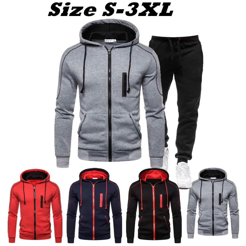 

Men's Zipper Tracksuit Set 2 Pcs Hoodie and Pant Suit Autumn Winter Hooded Cardigan Sportwear Set Running Fitness Jogging Suit