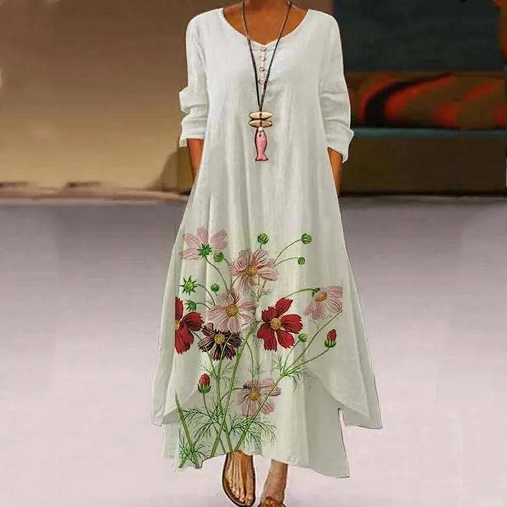 

2021 Elegant Flowers Print Long Sleeve Spring Summer Dresses Casual O Neck Loose Women Dress Vintage Party Vestidos Long Dresses