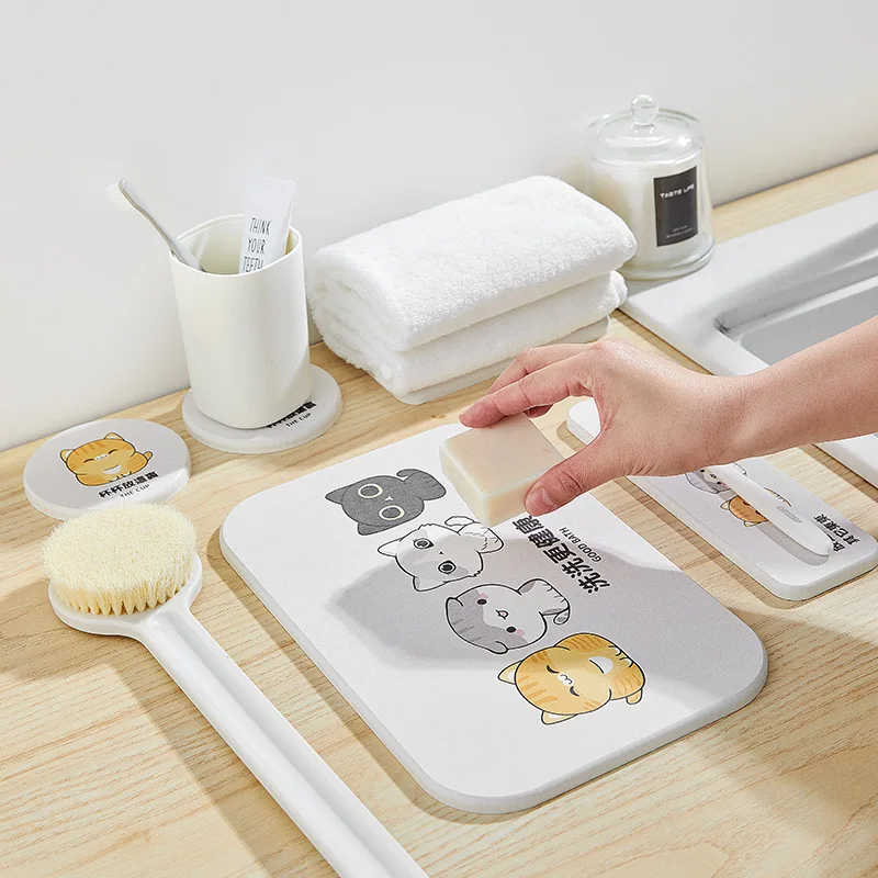 

Cartoon Fold-eared Cat Diatom Mud Absorbent Pad Soap Holder Coaster Diatomite Wash Pad Washstand Waterproof Pad