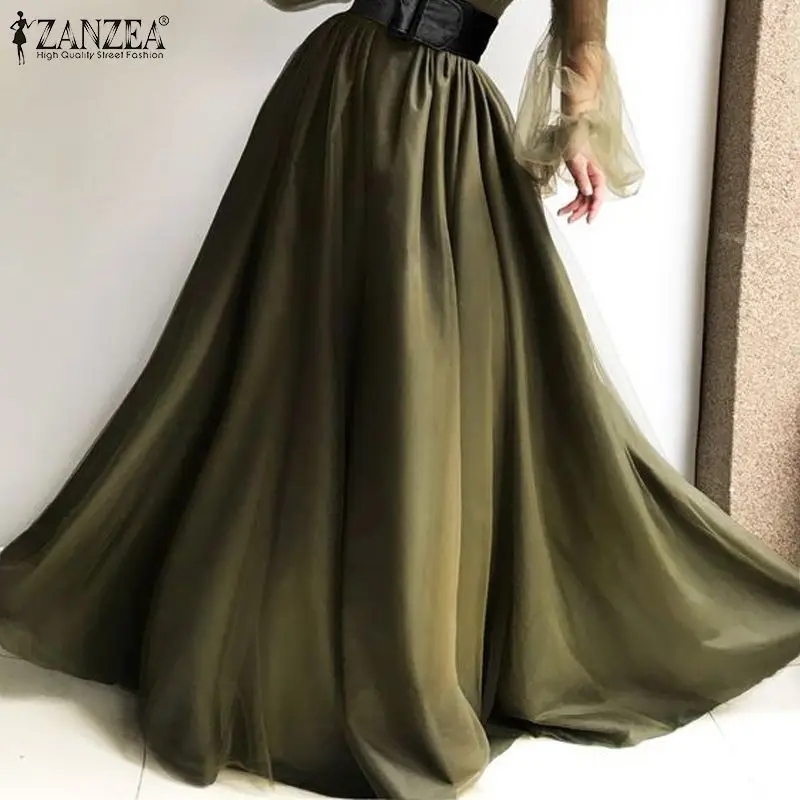 

ZANZEA Elegant OL Women Pleated Satin Skirts 2022 Spring Autumn A-line Maxi Skirts Casual Solid Elegant Skirts Oversized Bottoms