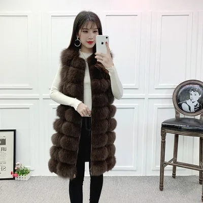 Kahki 90cm Уникальный дизайн X-Long жилет из натурального меха лисы полный ремень женский длинный тонкий натуральный мех пальто с карманами молния спереди 90 см/110 см - Цвет: Kahki 90cm