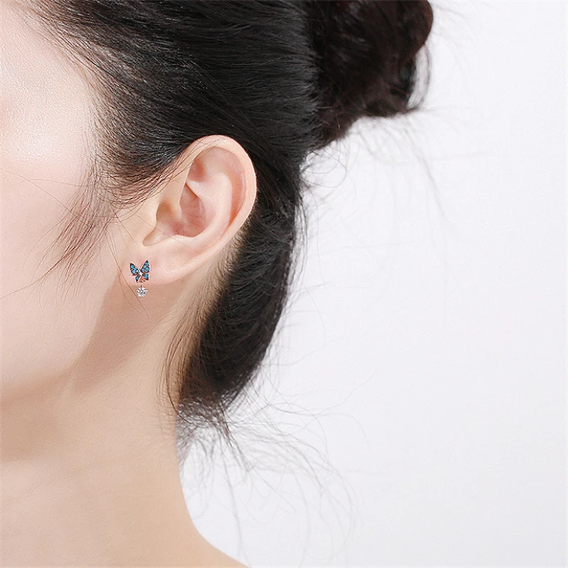 

Rose Golden Luxury Small Cute Butterfly Earrings Blue Zircon Studs Earrings Women Fashion Earrings 2019 Accessories
