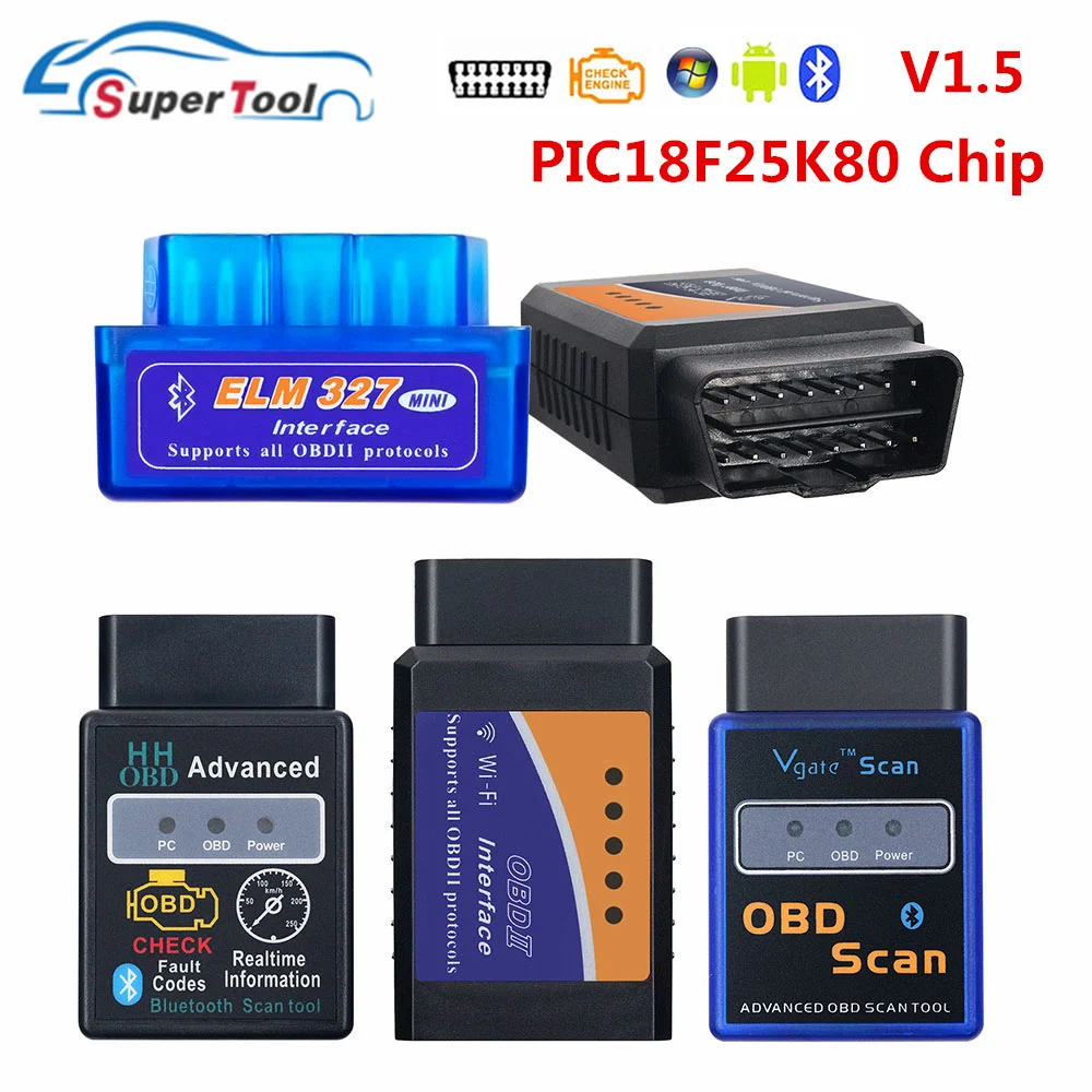 Сканер кодов PIC18F25K80 OBD2 Vgate ELM327 Bluetooth V1.5 OBDII ELM 327 Диагностический инструмент для