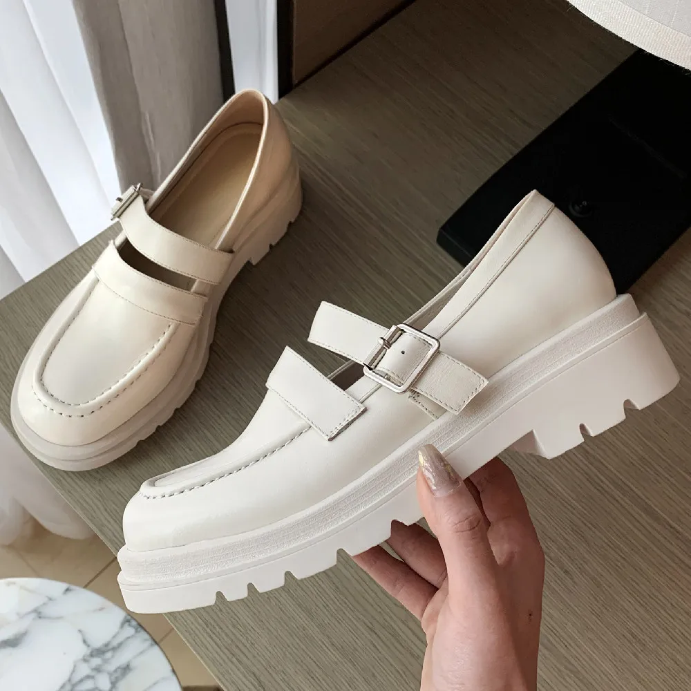 

Women's genuine leather thick sole platform flats loafers round toe metal buckle female casual moccasins punk daily shoes women