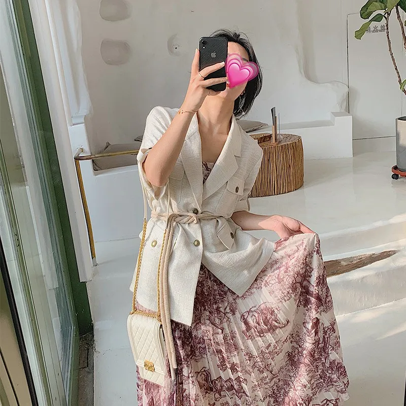 Женская тонкая твидовая куртка с поясом на шнуровке коротким рукавом офисный