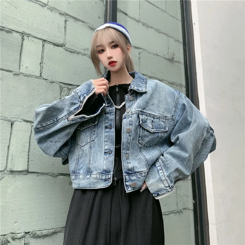 

Mapogo корейский стиль Харадзюку джинсовое короткое пальто уличный рукав молния дизайн чувственный пальто и женский Rac