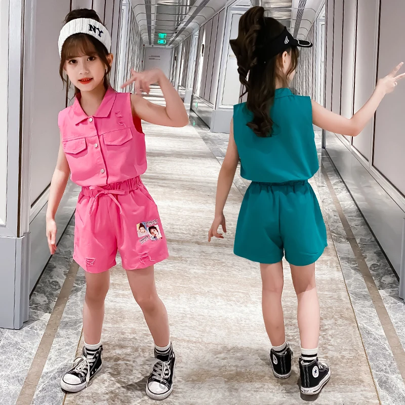 

Summer Children Clothing Sets for Girls Fashion Lapel Tops & Shorts 2Pcs Baby Kids Clothes Suit Girls Costume 4 6 8 10 12 Years