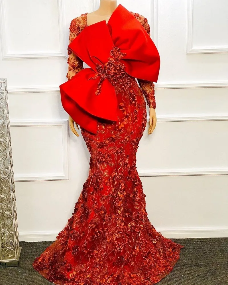 

Formal robe de soirée Red Evening Dresses 2021 African Mermaid Prom Dress with 3D Floral Appliqued Arabic vestidos formales