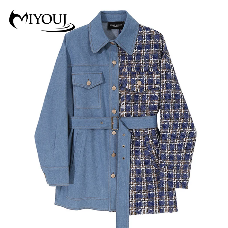 

Клетчатая джинсовая куртка MIYOUJ, Повседневная Свободная Женская одежда с поясом, однобортная верхняя одежда, модные осенние женские джинсов...