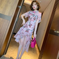 new chinese style silk stand collar short sleeved ruffled irregular dress women summer floral improved cheongsam qipao