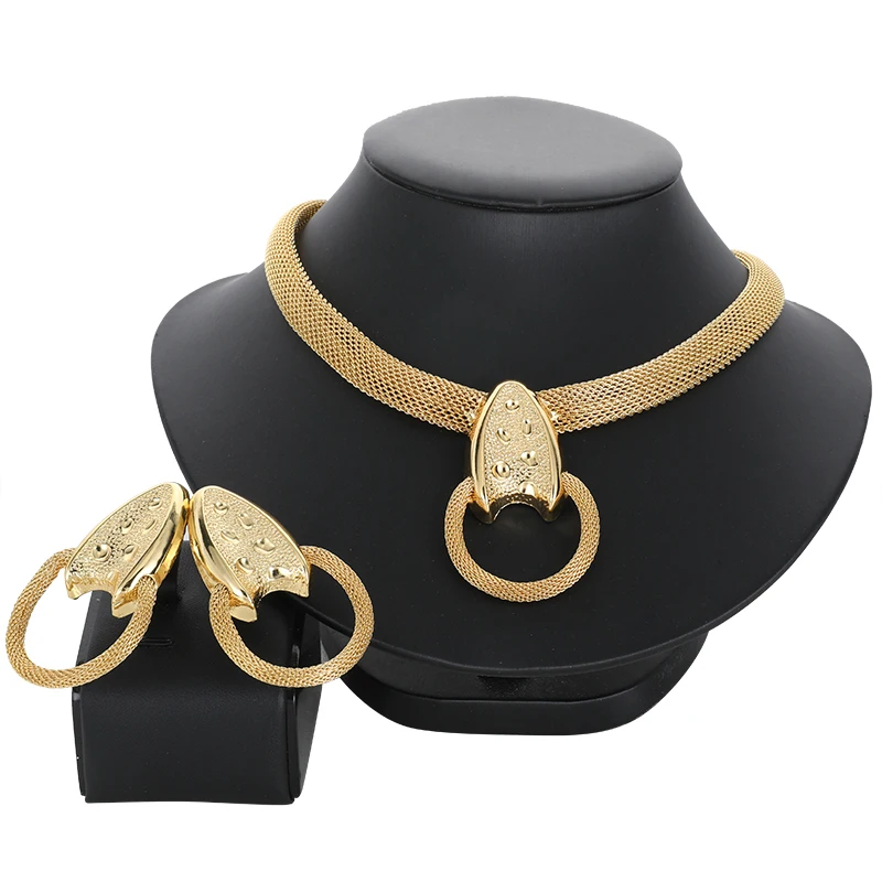 

High Quality Ltaly 750 Gold color Jewelry Set For Women african Bridal Earrings Necklace Pendant Sets Jewelry For Party Gift