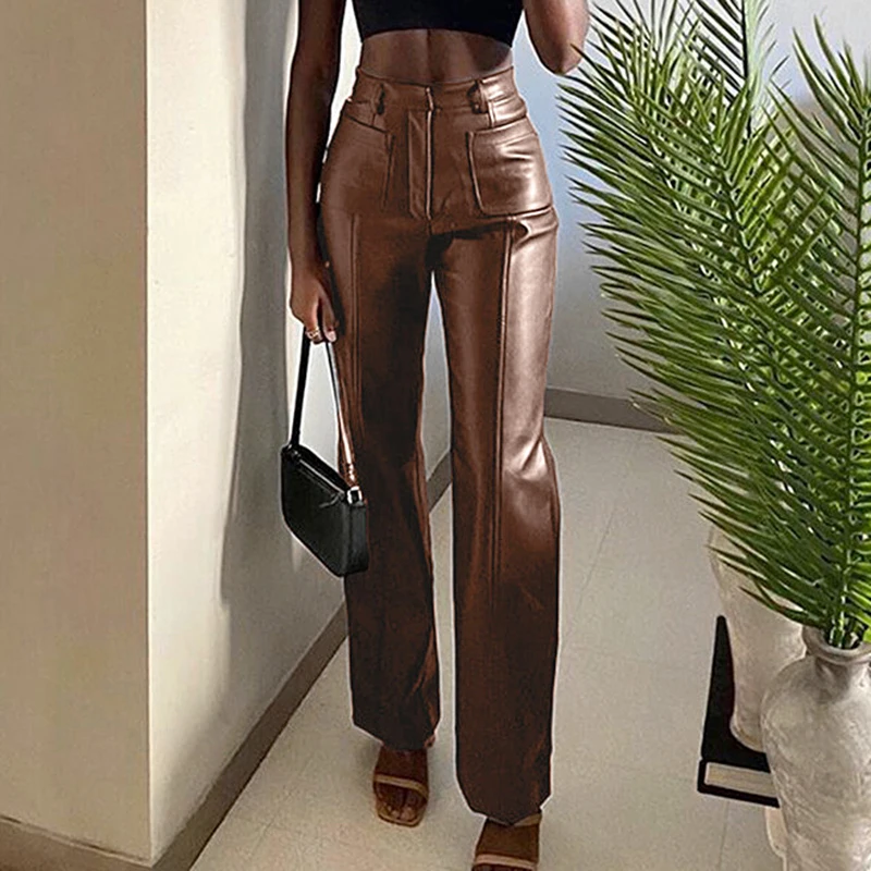 

Leather Pants Women's High Waist Autumn and Winter New Brown Artificial Leather Pocket Straight Leg Pants 2021 Fashion Dress