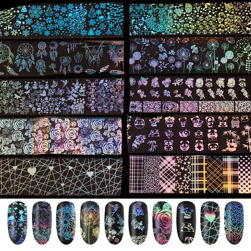 

1Roll Holographic Nail Sticker Foil Flame Dandelion Panda Laser nail decoration Aurora Nail Art Foils Decal Decoratio
