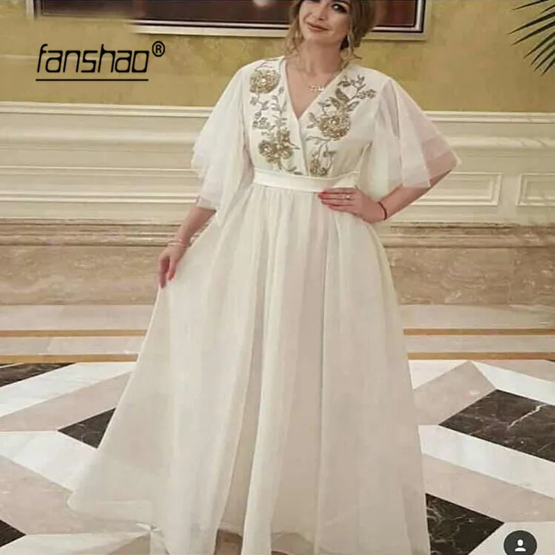 

Ivory Muslim Evening Dresses Tulle Gold Appliques vestidos de festa Dubai Saudi Arabic Evening Gown Prom Dress
