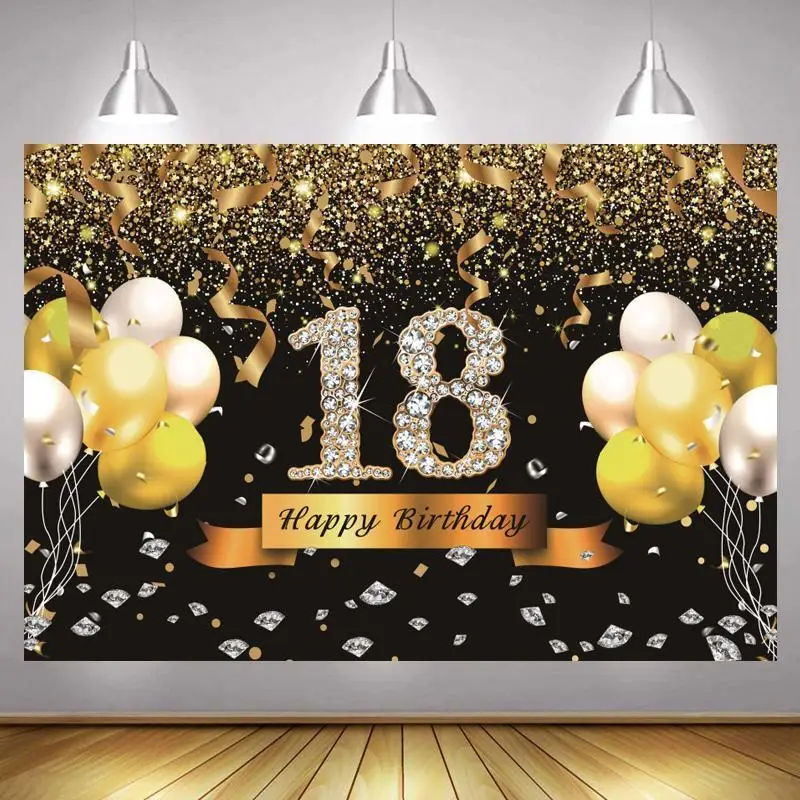 

18th Photo Backdrop Black Gold Boys Girls Happy Birthday Party Balloon Champagne Decoration Photography Backgrounds Banner