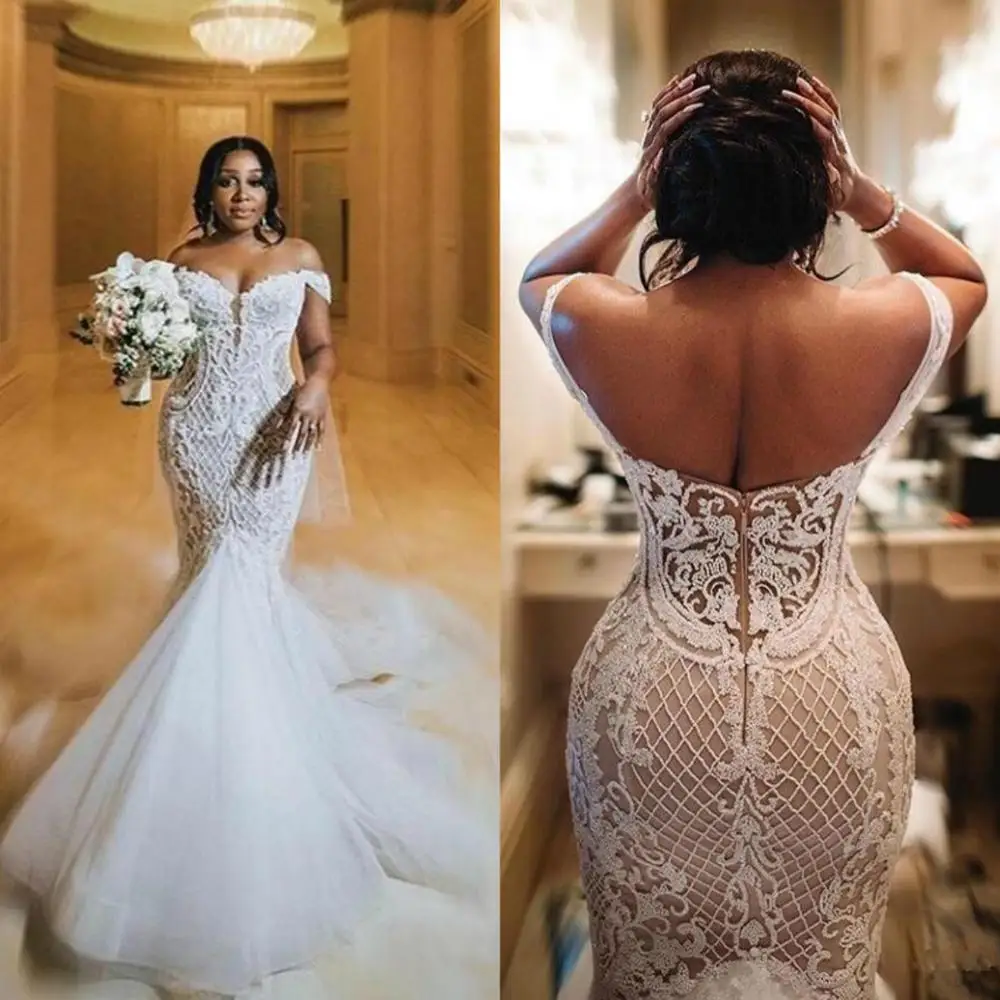 

2020 Arabic Mermaid Wedding Dresses Plus Size Off The Shoulder Lace Appliqued Bridal Gowns Robe De Mariée