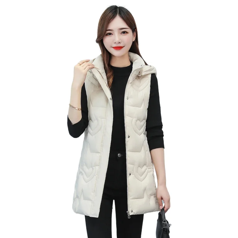 

Lingwave Autumn Winter Down Cotton Waistcoat Large Size Women Mid-length Slim Jacket Vest Hooded Stand Collar Elegant Outwear