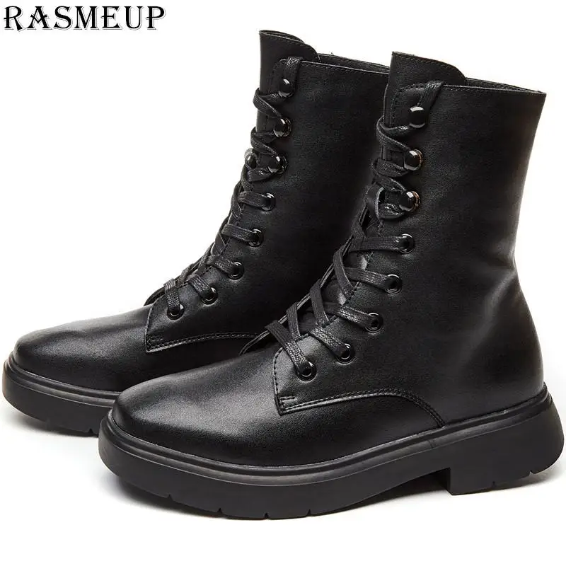 RASMEUP/теплые зимние женские Ботинки martin из натуральной кожи; коллекция года; Модные женские короткие ботинки на плоской подошве со шнуровкой; повседневная женская обувь - Цвет: Черный
