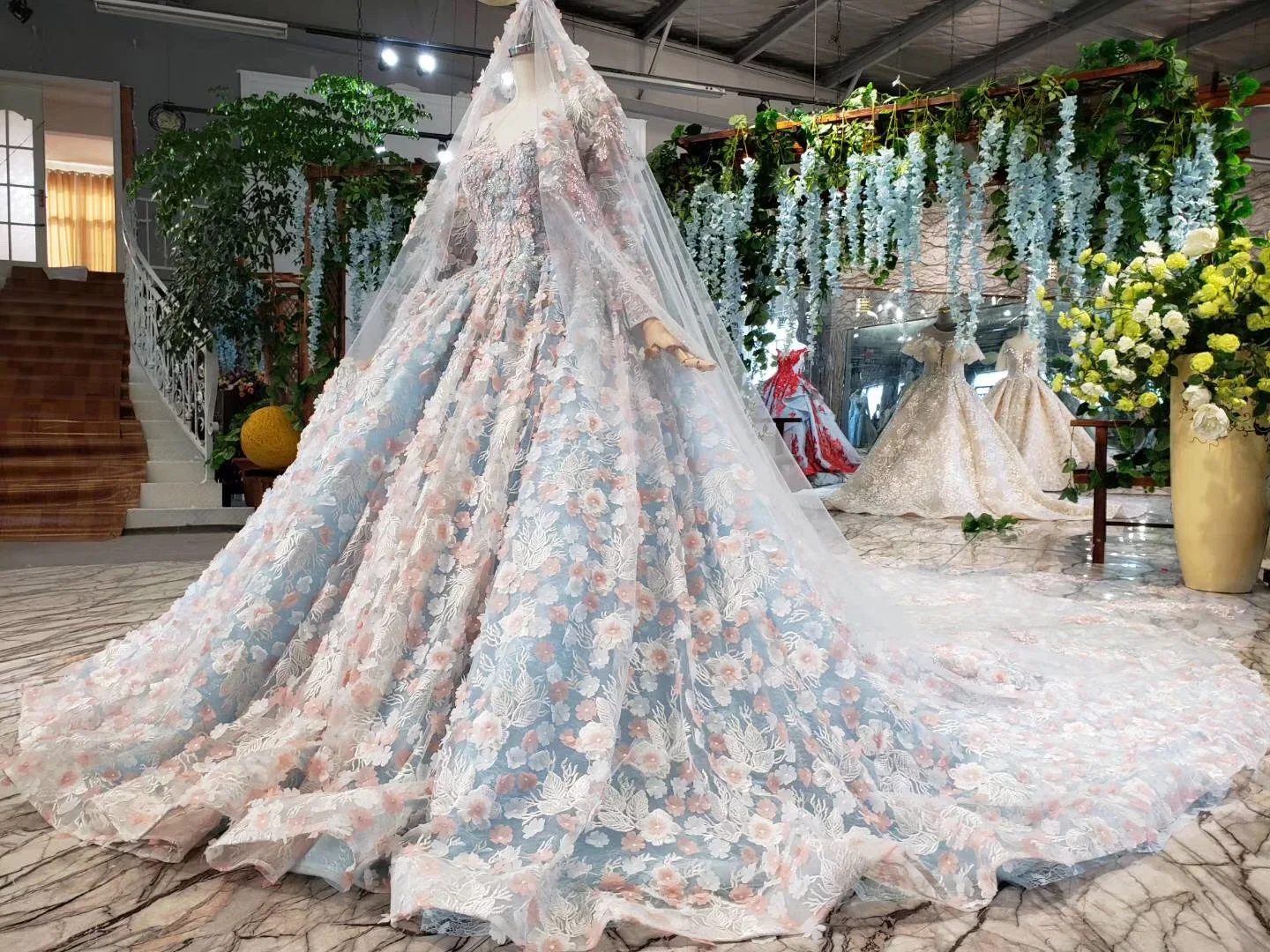Полный 3d Цветы Кружева Бальные платья Vestido De бальное платье бисером с вуалью романтическая прозрачная аппликация для выпускного платья