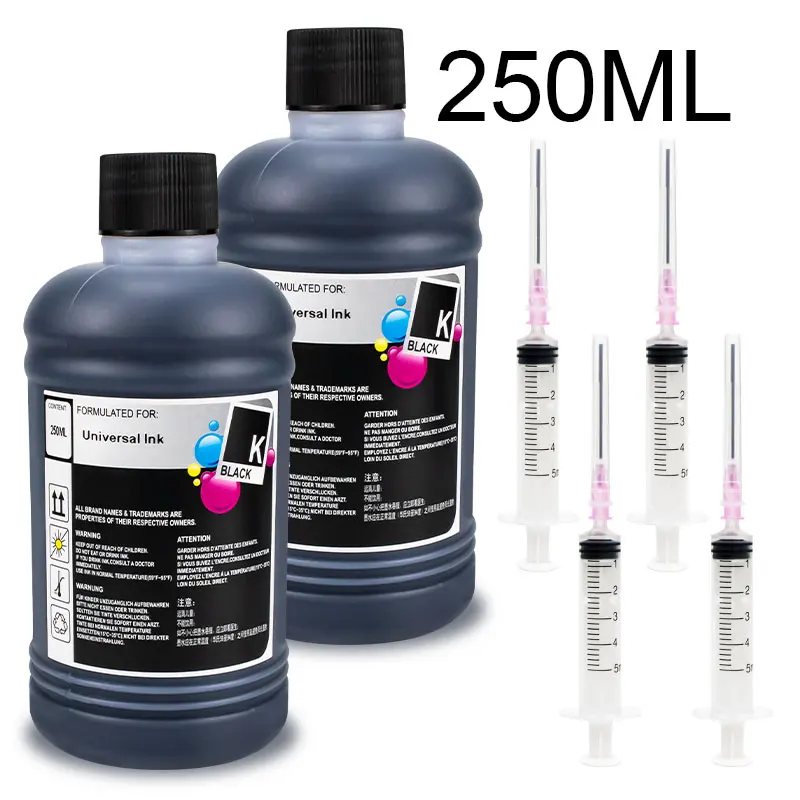 250ml Black Refilled Dye Universal Ink Kit Compatible for HP Canon Epson Brother Deskjet Printers Tank Ink Cartridges CISS Ink