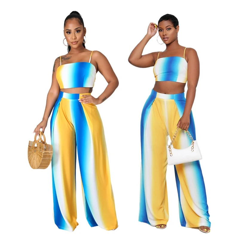 

African Dress Women Clothing 2021 Fashion Dashiki Sexy Casual Female Trousers Suspenders 2Pcs Sets Summer Strapless Beachwear