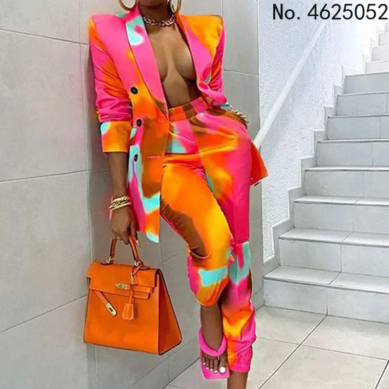 

Женский офисный костюм из двух предметов, элегантный повседневный облегающий пиджак с длинным рукавом и брюки с принтом