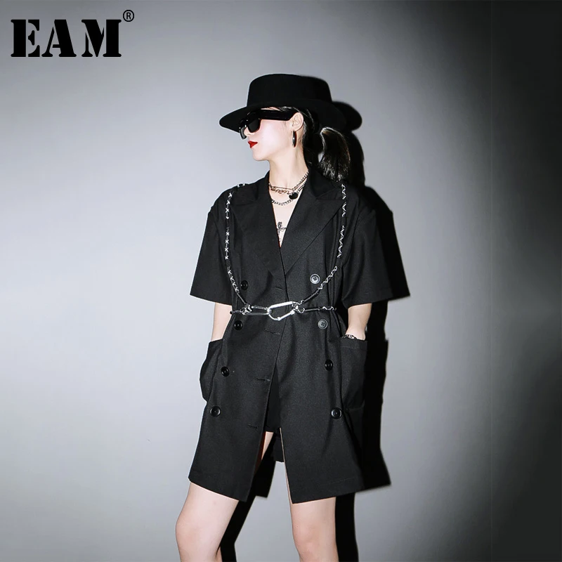 [EAM] женский черный блейзер с пряжкой на пуговицах большой размер новая свободная