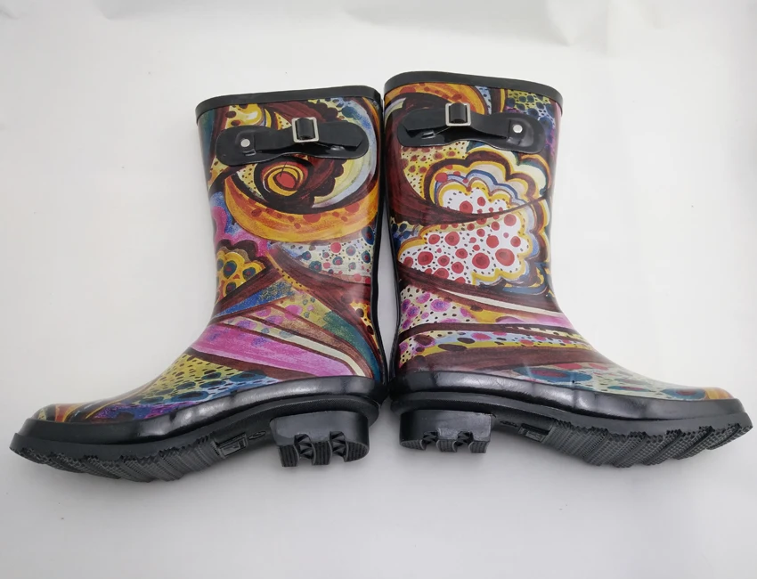

Personalized brand oem label black printed side buckles high knee custom made ladies gumboots
