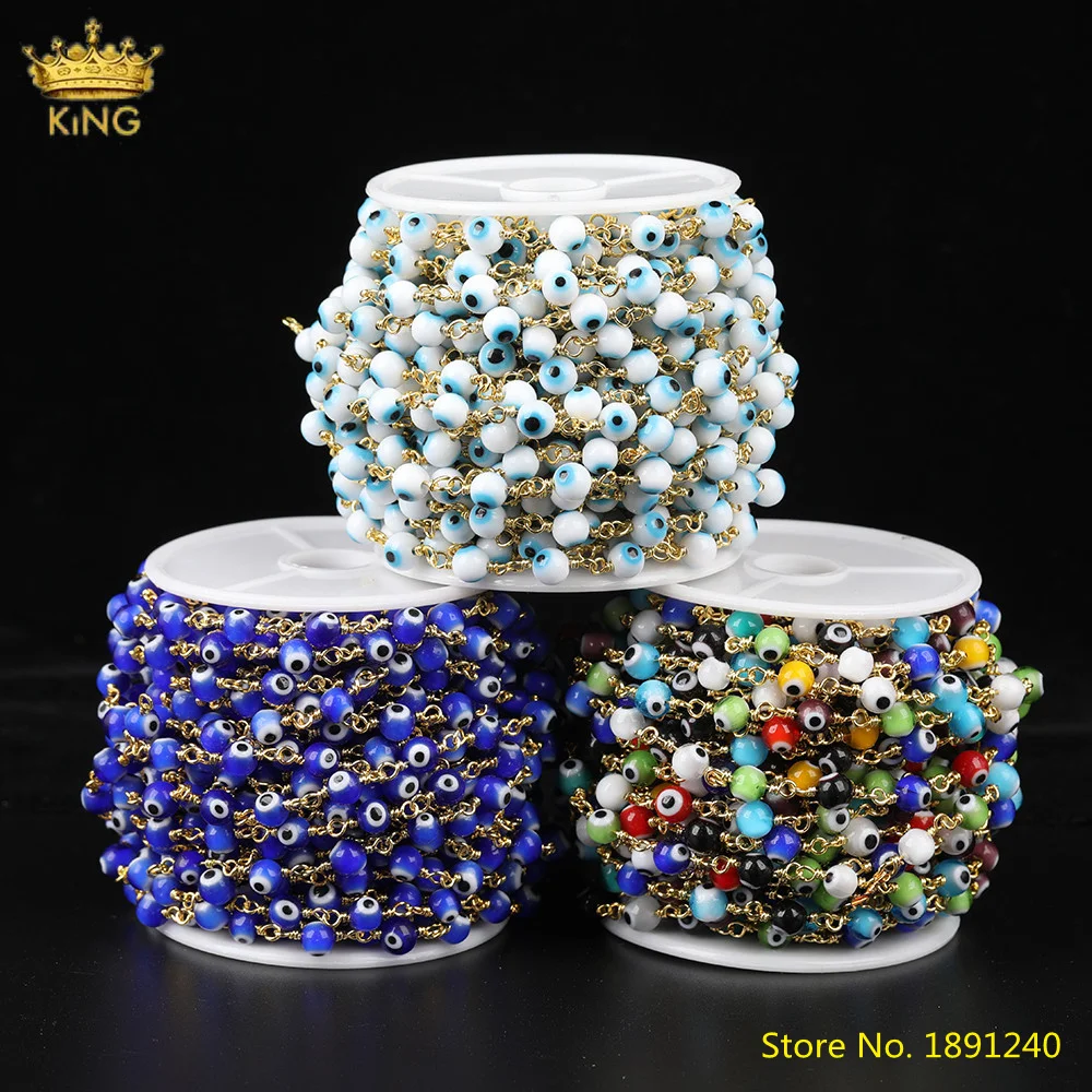 

5meters 6mm Rainbow Evil Eye Beads Rosary Chain Necklace Findings,Coin Enamel Beads Wire Wrapped Gold Chains Fashion Jewelry DIY