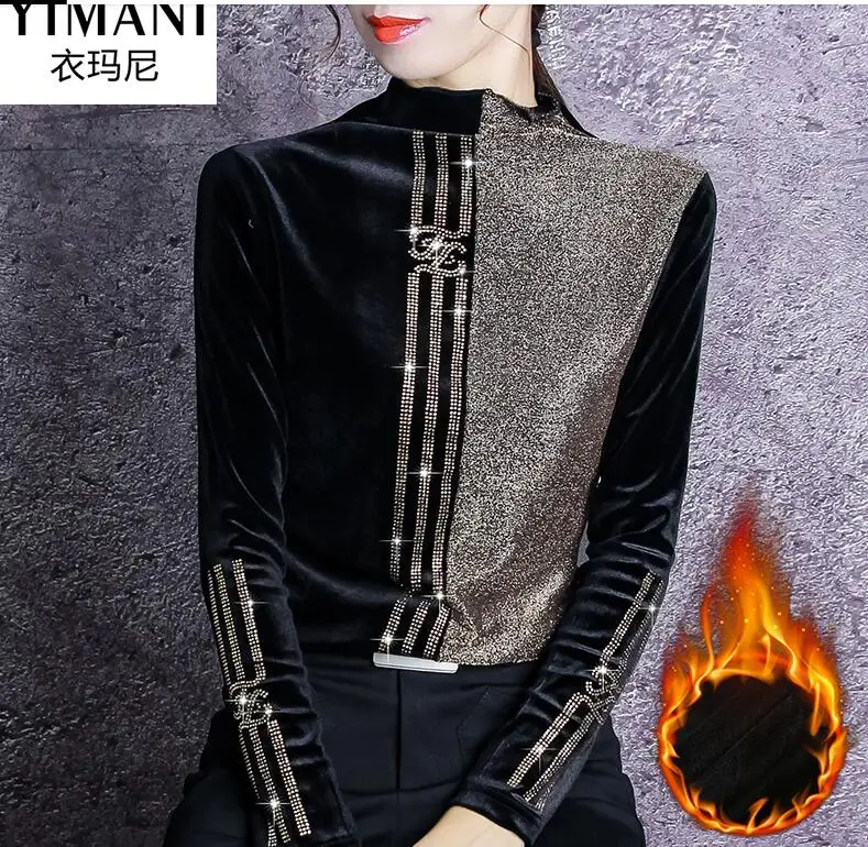 

Winter Female T-shirt Bright Silk Stitching Plus Size T Shirt Women Plus Velvet Half-high Collar Bottoming Shirt Women Fashion