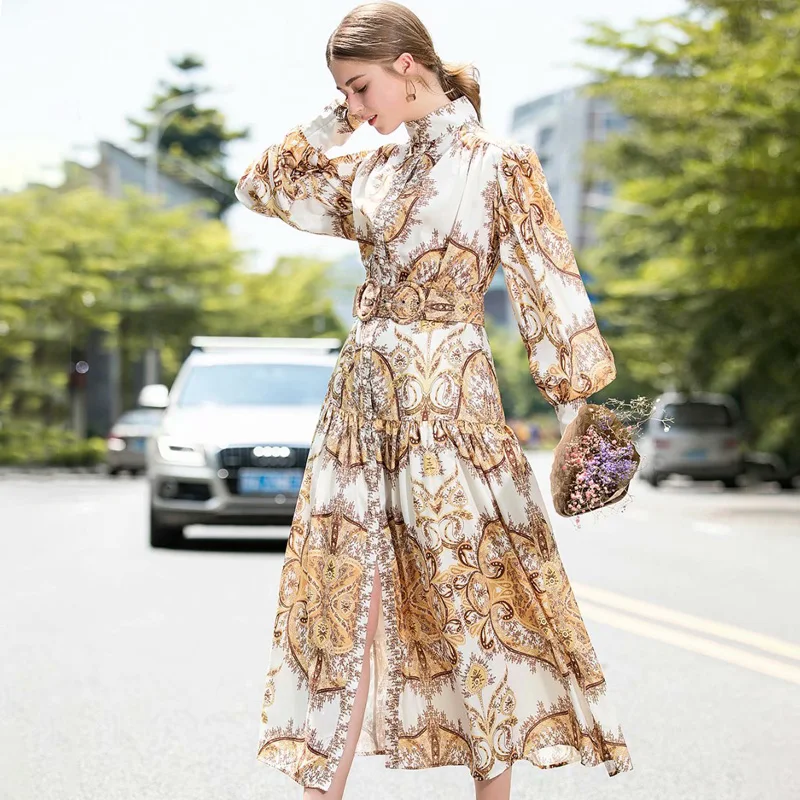 AELESEEN винтажное Королевское Платье-рубашка с принтом женское платье для подиума элегантное платье с рукавами-фонариками и пуговица с жемчугом миди с поясом