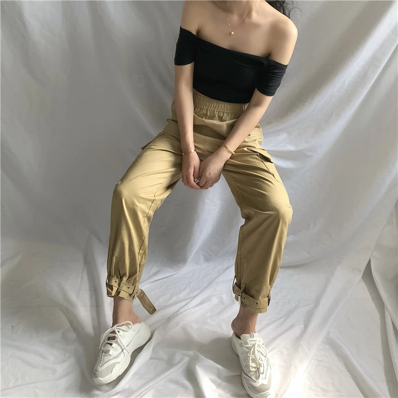 Брюки с высокой талией камуфляжные свободные джоггеры женские армейские штаны