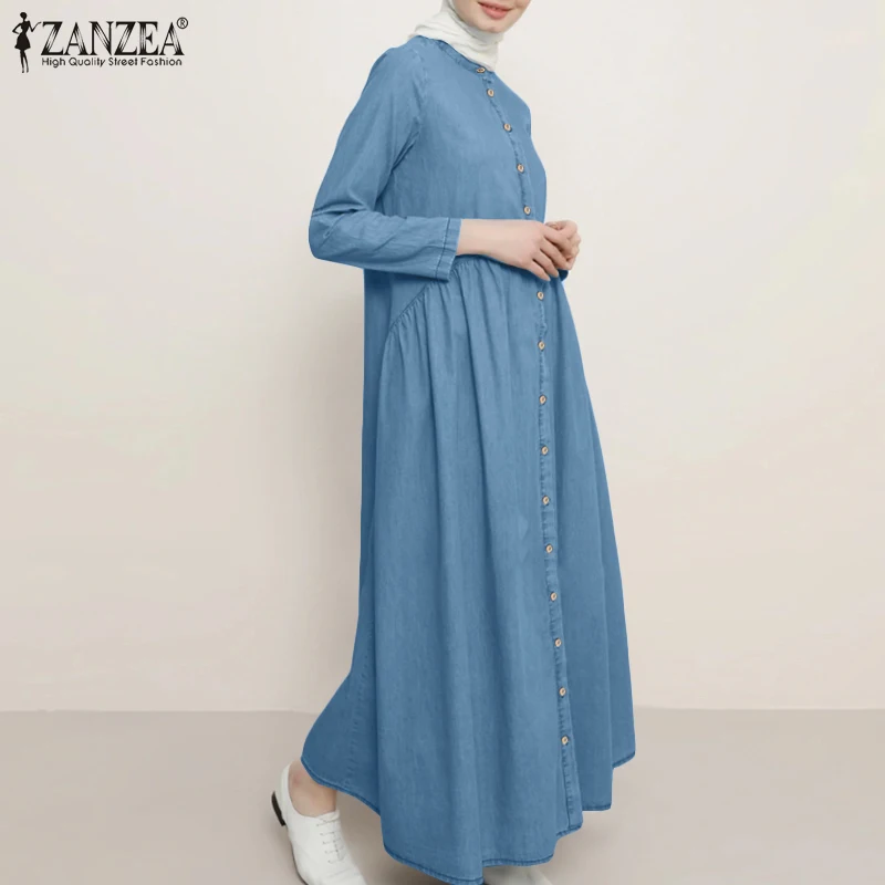 Autumn Denim Blue Maxi Long Sundress ZANZEA Fashion Women Muslim Hijab Dress Vintage Sleeve Dubai Abaya Turkey Dresses | Женская одежда