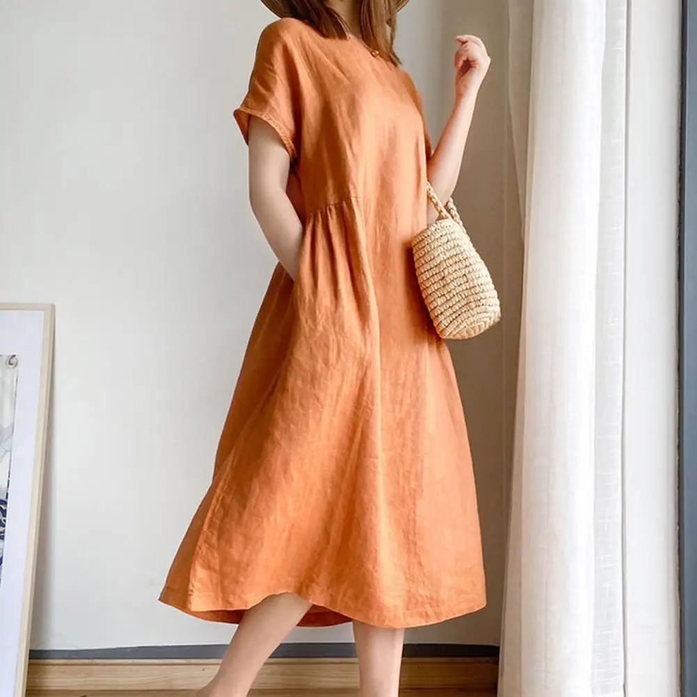 

Women Dress Solid Color Large Hem Short Sleeve Pockets Loose Midi Dress for Work