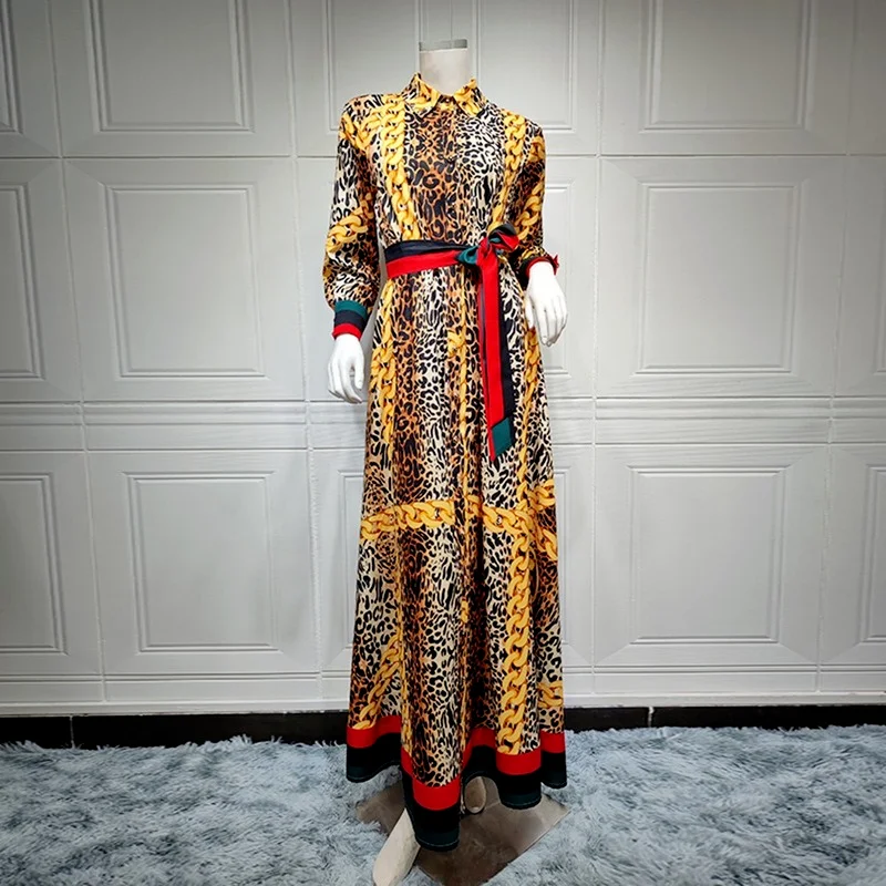 Long Sleeve Leopard Print Kaftan Muslim Dress Abaya Dubai Caftan Marocain Vestido Longo African Dresses For Women Djellaba Femme