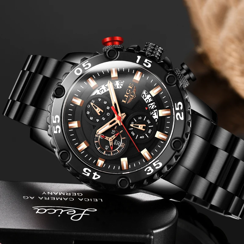 Часы наручные LIGE Мужские кварцевые Спортивные Светящиеся с указателем самолета