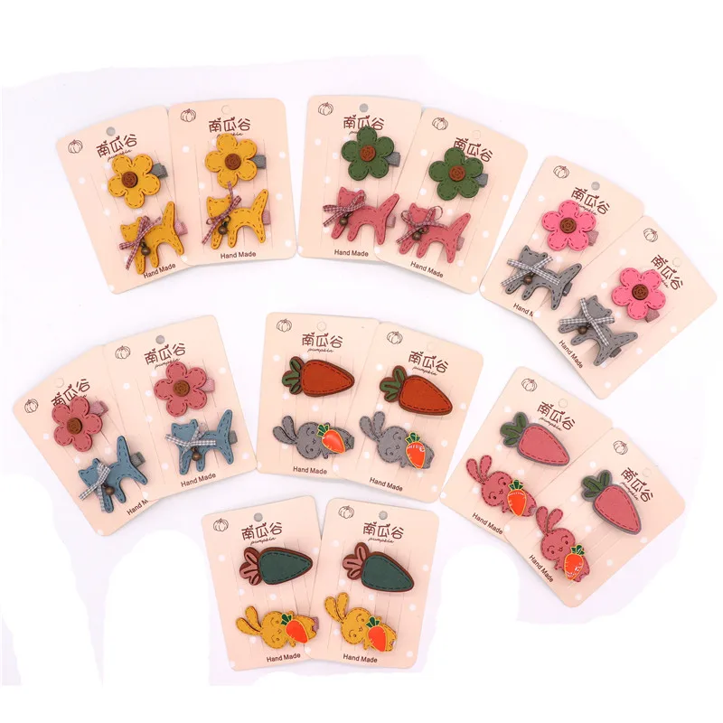 

4Pcs/2Set New Lovely Children Girls Hair Accessories Cartoon Rabbit Cat Flower Carrot Hairpins Suede Mohair Kids Hair Clip
