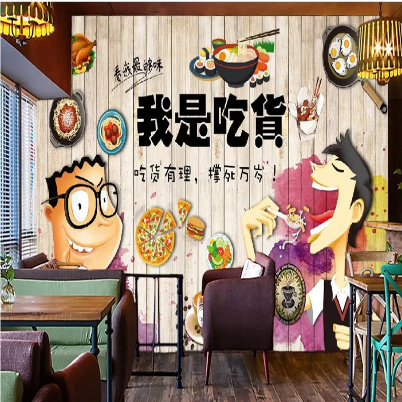 

Drop Shipping Wallpaper Nostalgic Hand Painted Cartoon Characters Wooden Wallpaper Restaurant Background Wall Kitchen HD Mural
