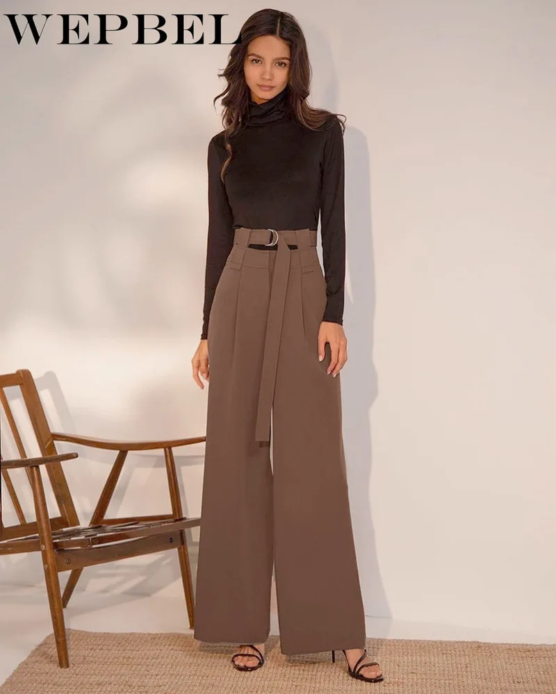 

WEPBEL Women Spring Summer Loose Long Pants with Belt Ladies Elegant High Waist Streetwear Casual Fashion Straight Trousers