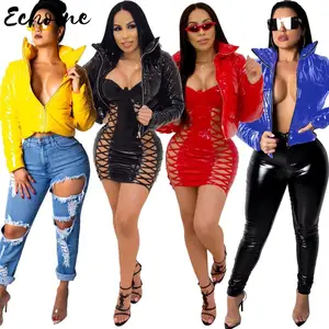 Женские модные глянцевые короткие зимние пальто из искусственной кожи с молнией, Пузырьковые парки, куртка с длинным рукавом, верхняя одежда, повседневная теплая одежда