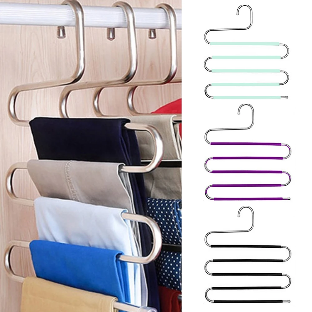

5 Layers Stainless Steel Clothes Trousers Hanger S Shape Pants Jeans Storage Hangers Multilayer Wardrobe Clothing Organizer Rack